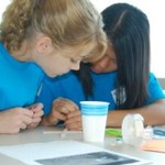 Blue campers working on a catapult design